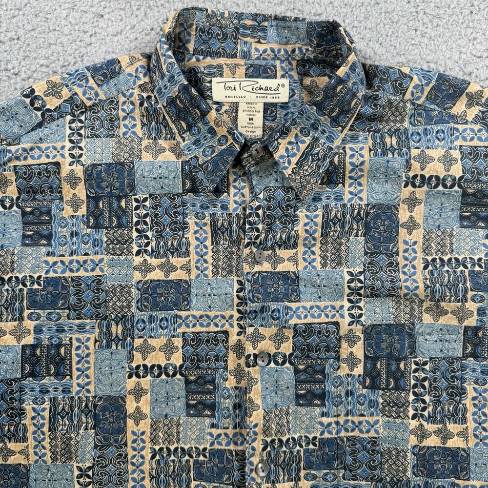 S Tori Richard Hawaiian Shirt Mens M‎ Blue Short Sleeve Button Up Aloha Cotton